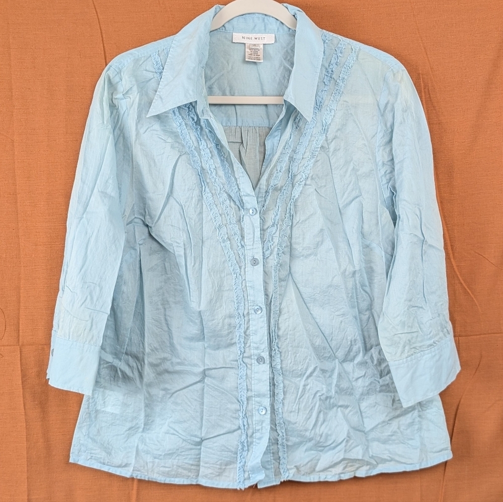 Nine West Size 14 Ruffled Aquamarine Cotton Button Up Blouse